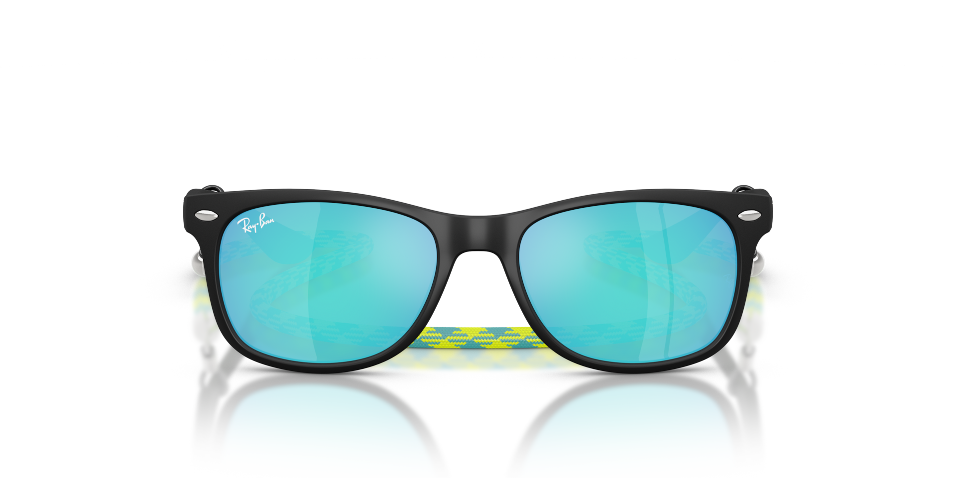 RAY-BAN Unisex Sunglasses New Wayfarer Kids Summer Capsule - Frame color: Rubber Black, Lens color: Light Green Mirror Blue